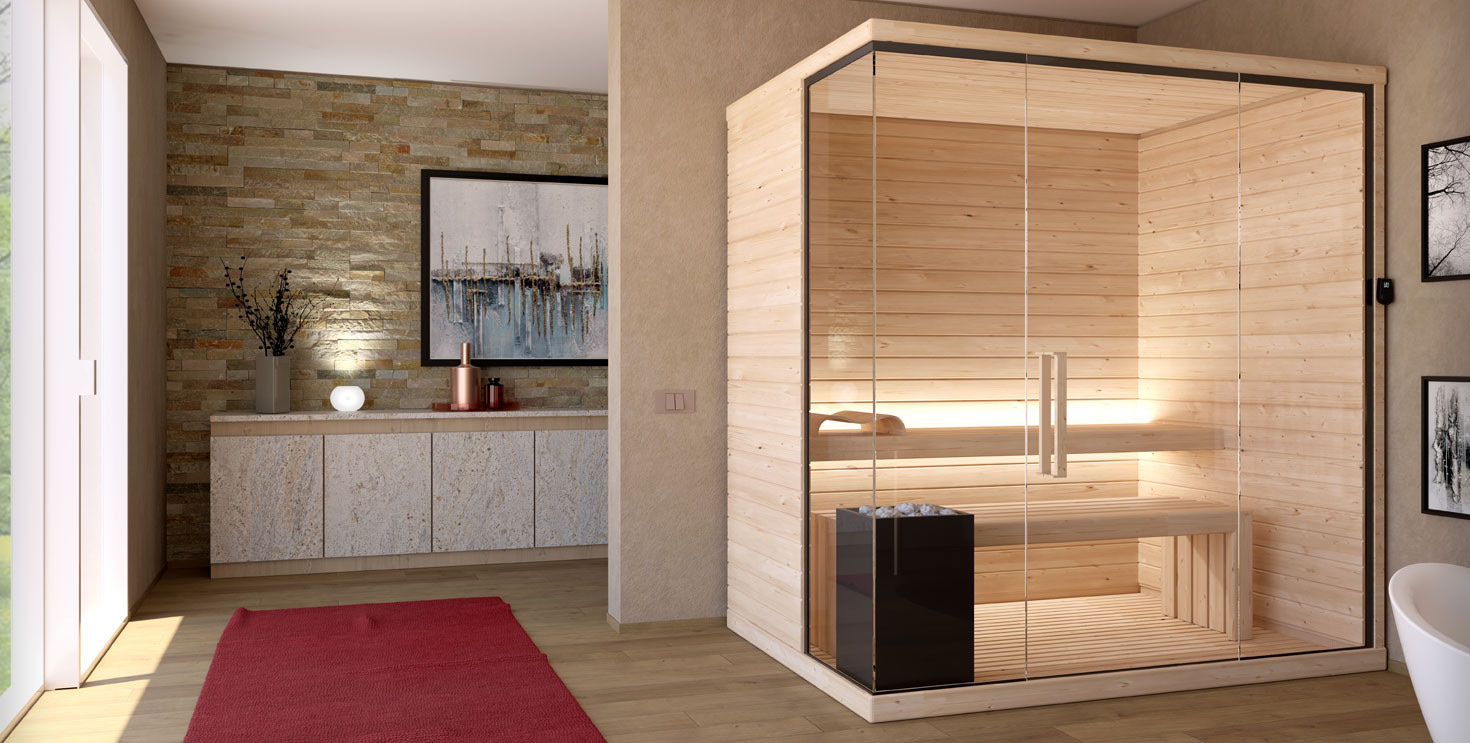 Sauna moderna in legno con ampie pareti vetrate su due lati e stufa nera, in una camera